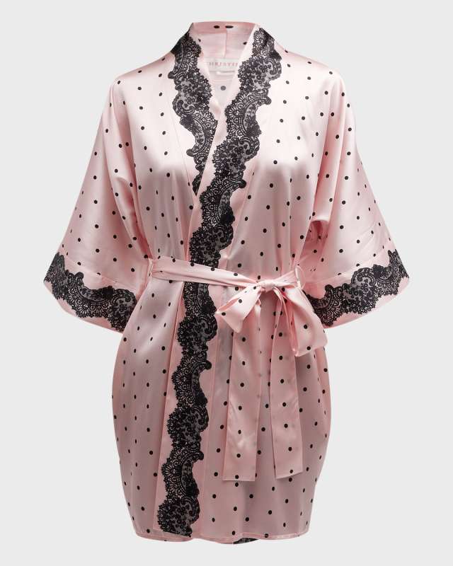 Polka-Dot Lace-Trim Short Silk Rob